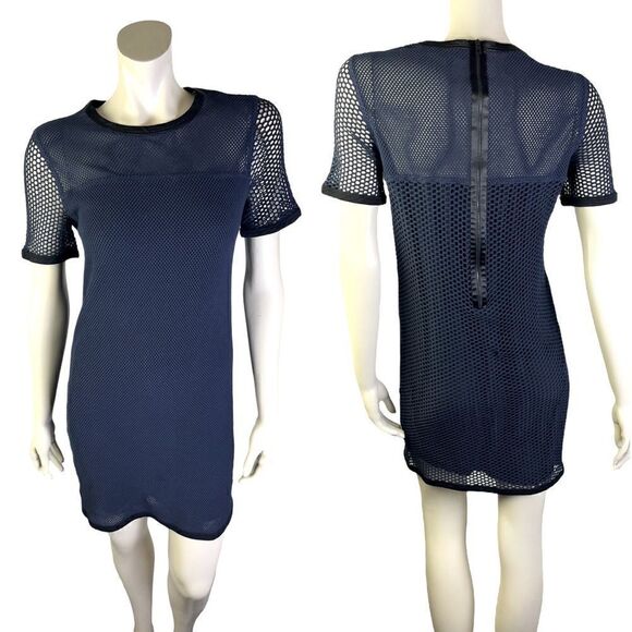 NWOT Navy Rag & Bone S/S Mesh Panel Sheath Knee Length Lined & Trimmed in Silk M - Picture 1 of 9